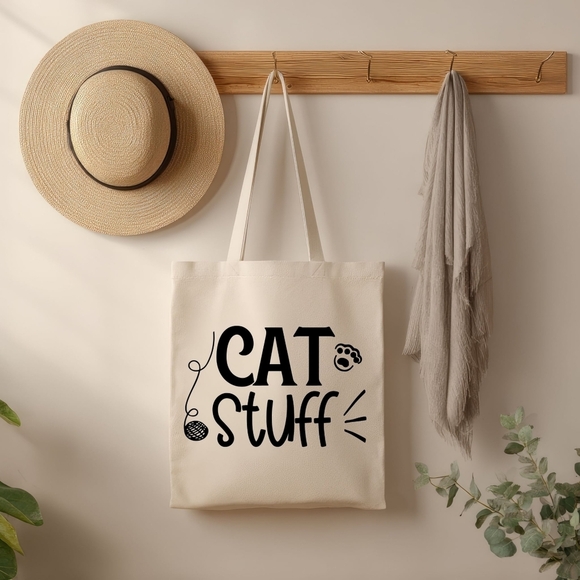 Hand Crafted Other - Custom Natural Canvas Tote Bag - Cat Stuff